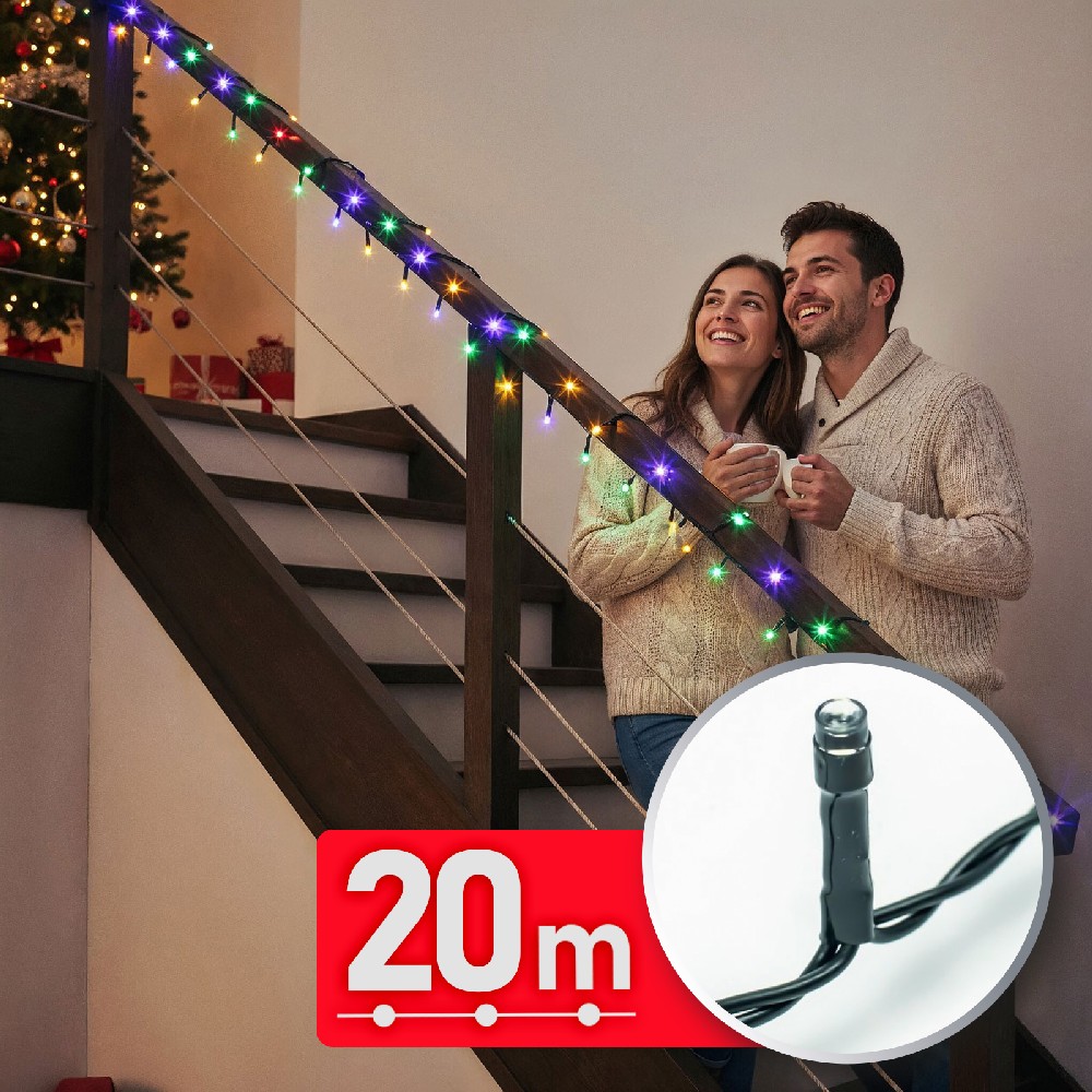 Decor Luminos Craciun - Sir Lumini LED - 20 m - Multicolor - 400 LED - 220-240 V - 6 W - Cablu Verde