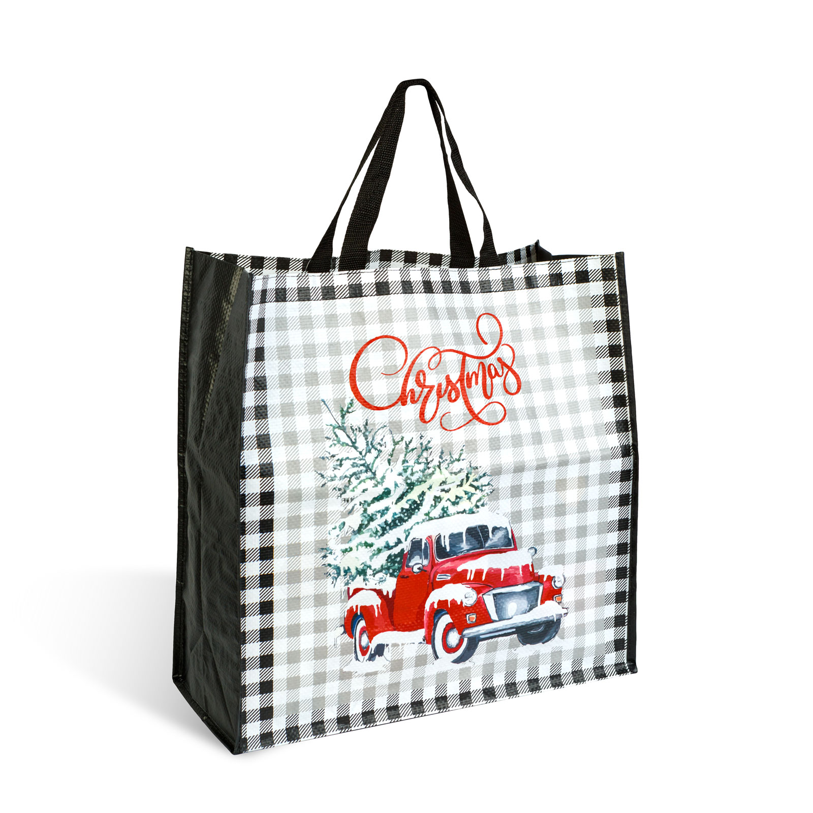 Geanta cadou decorativa – model negru cu camion rosu – 45 x 44 x 19 cm