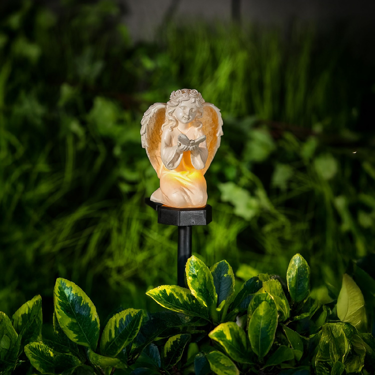 Ingeras solar cu fluture – lumina LED alb cald – rasina – 42 × 11 × 6,5 cm