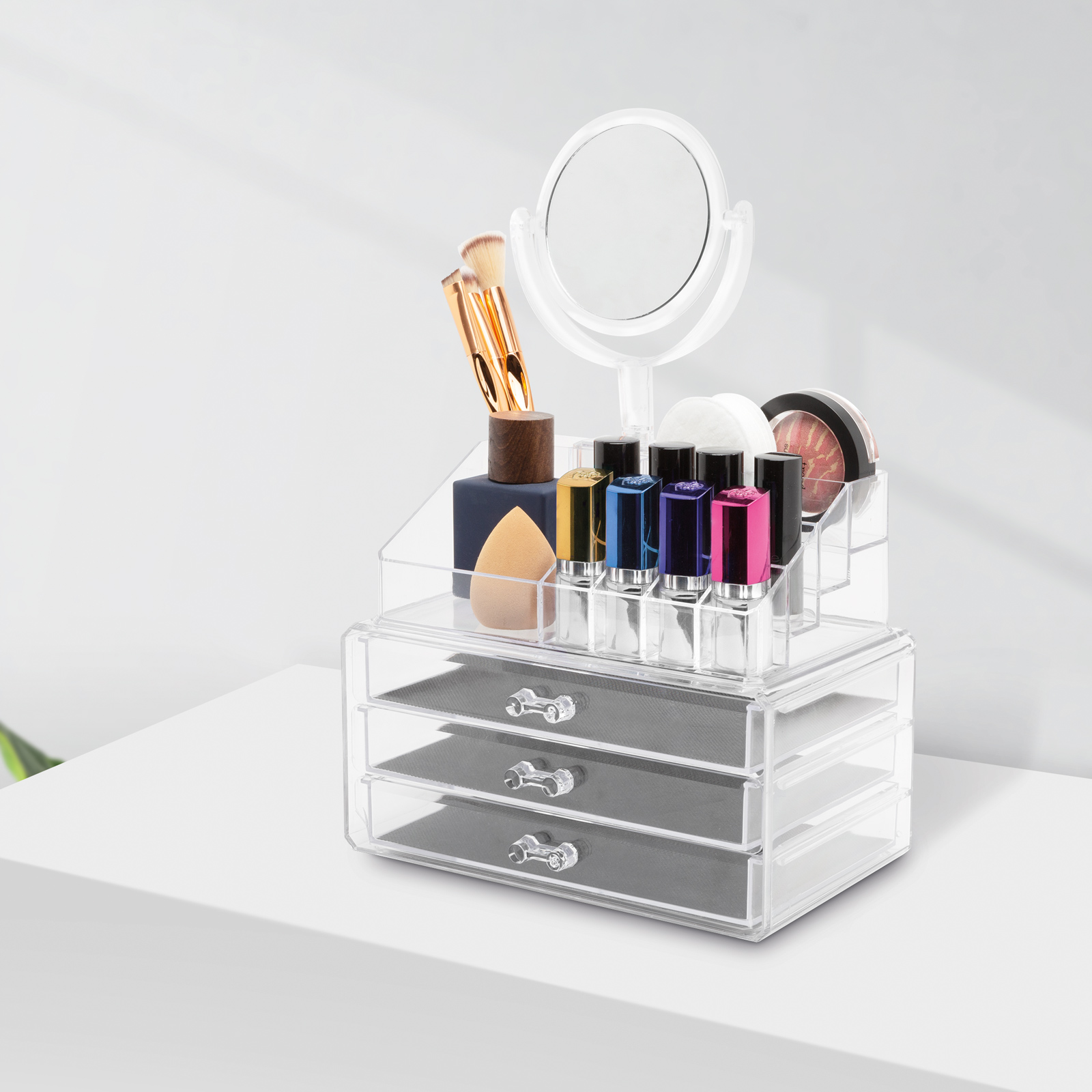 Organizator cosmetic transparent, cu oglinda