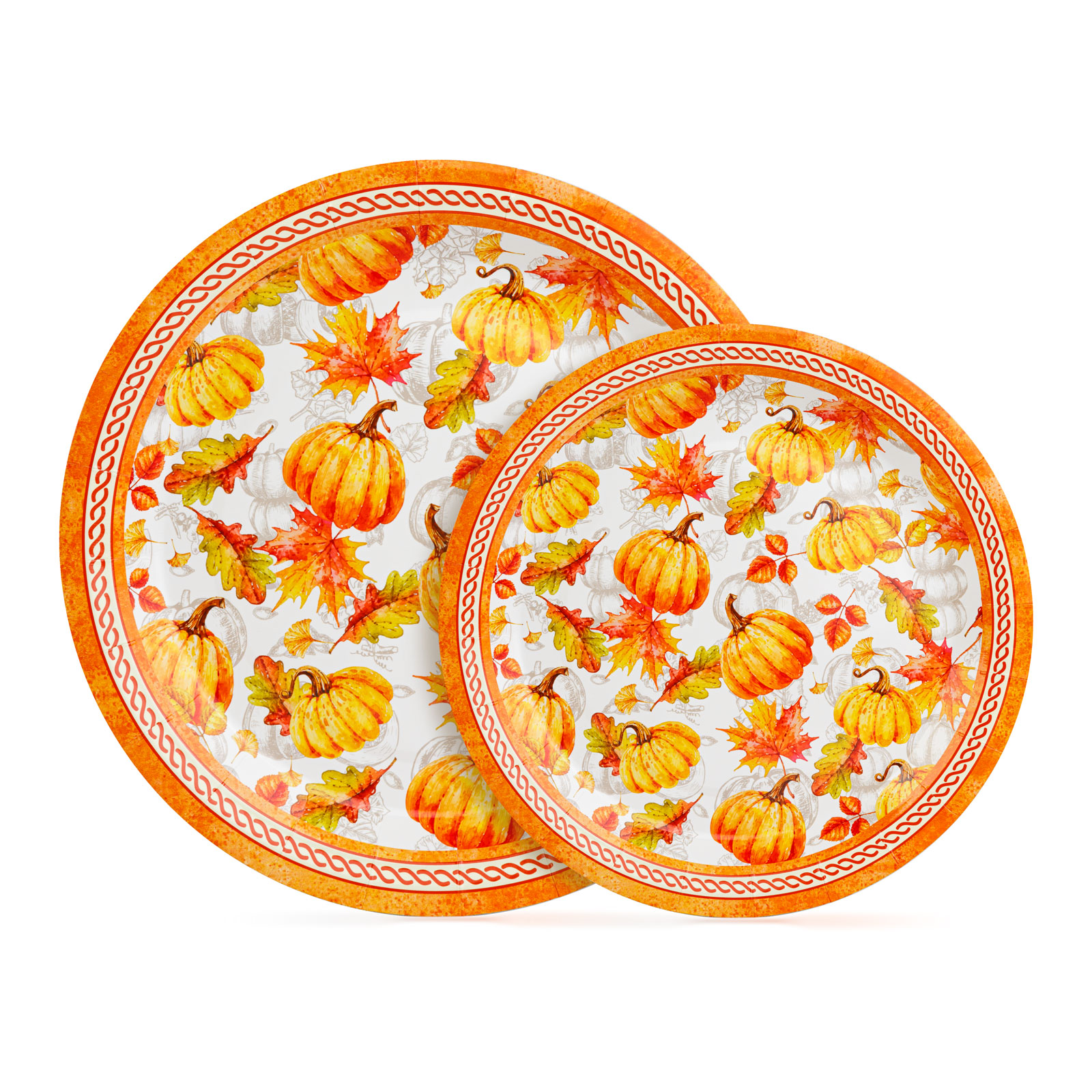 Set 12 farfurii de hartie – model dovleac si frunza – 2 dimensiuni (230 / 180 mm)